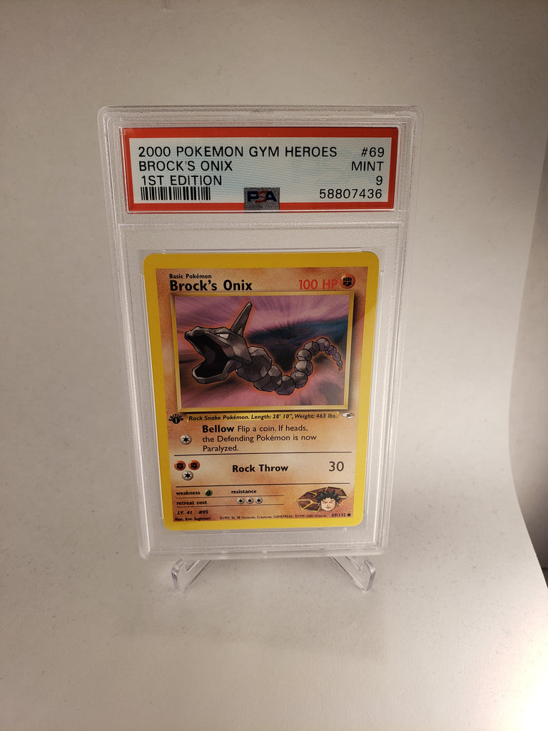 msm pokemon cards 2000 Pokemon Gym Heroes 69 Brock's Onix 1st Edition PSA 9