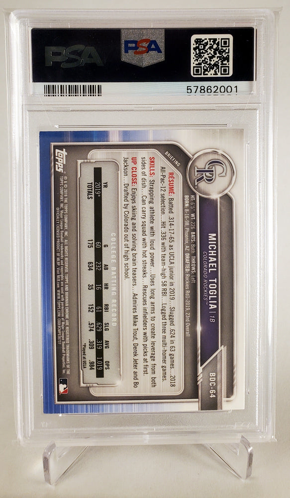 2019 Bowman Draft Chrome Sapphire Edition BDC64 Michael Toglia PSA 9